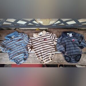 SESAME STREET SZ 12M VGUC (3pc) 3 STRIPED w/ ELMO aplique l/s coveralls w/ snaps